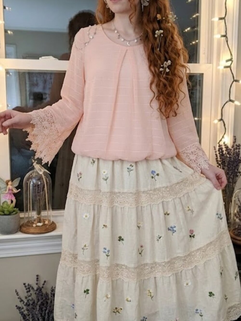 A. Byer Pink Lace Bell Sleeve Blouse Top Cottagecore Romantic Boho Size XL Plus